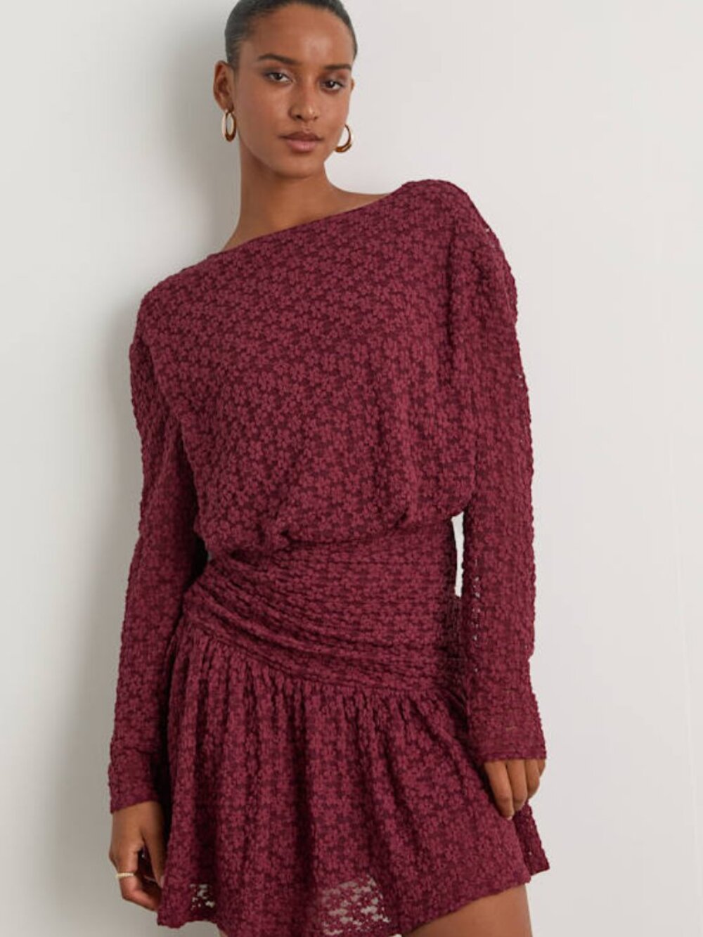 Lulus Zallie Wine Red Textured Knit Ruched Long Sleeve Mini Dress - Size XS